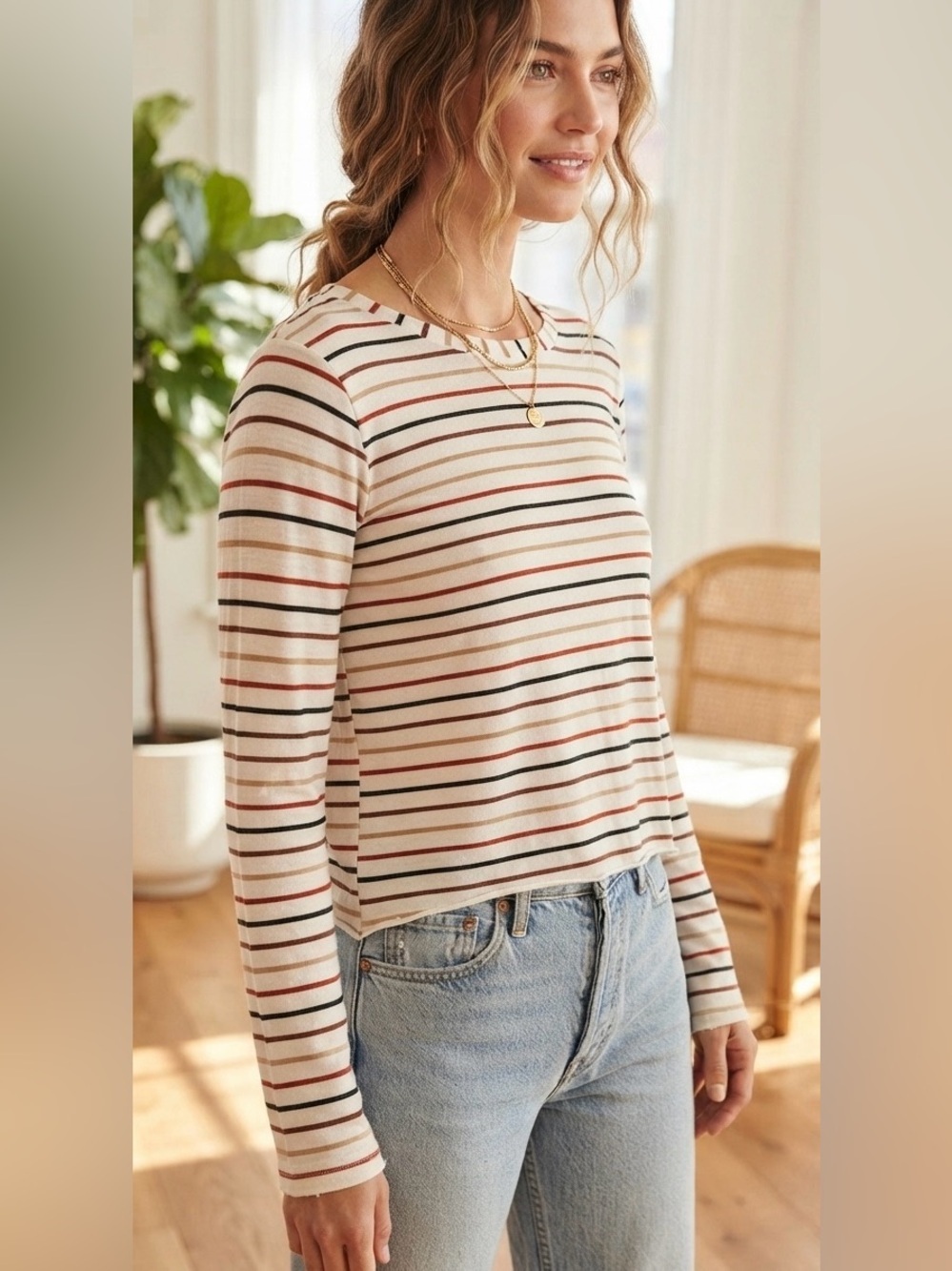 Boheme Soft Striped Knit Long Sleeve Earth Tone Top